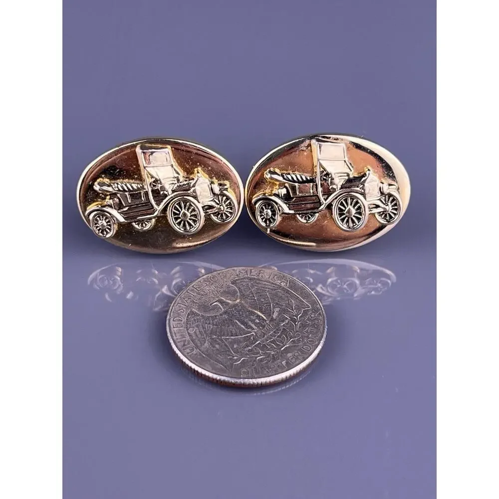 Antique Car Buggy Cufflinks Gold Tone Convertible Oval Balfour Vintage